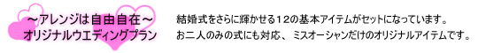 アレンジは自由自在、オリジナルウエディングプラン。結婚式をさらに輝かせる基本アイテムがセットになっています。お二人のみの式も対応、ミスオーシャンだけのオリジナルアイテムです。